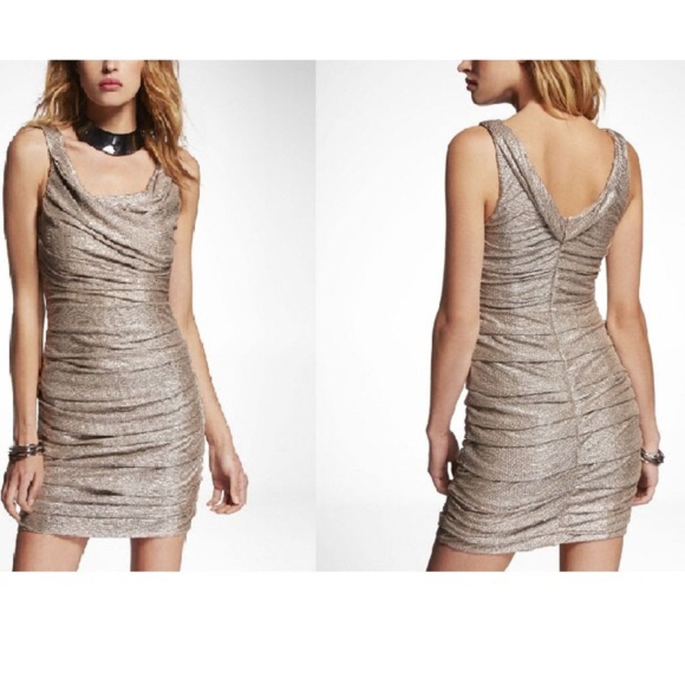 Express gold metallic fitted ruched cocktail dress